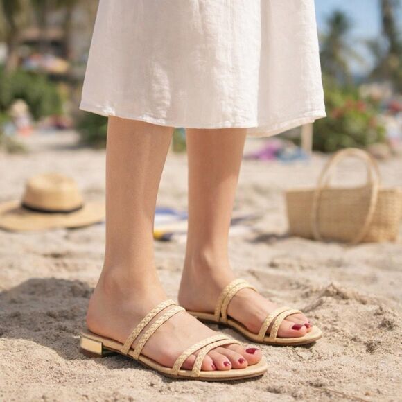 BCBGeneration Shoes - BCBG Generation Women's Sandal Dexti Gold Heel Straw Strappy Boho Resortwear